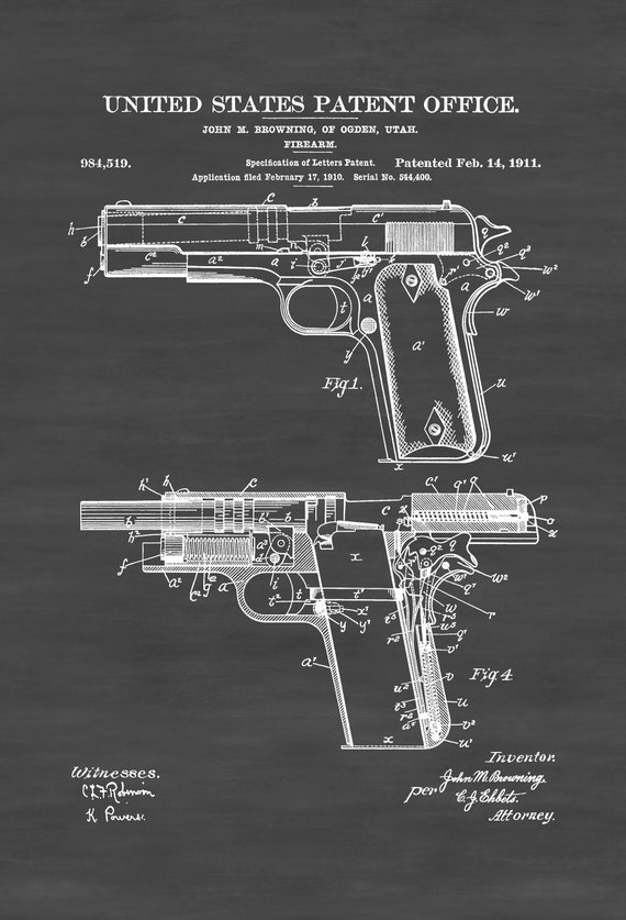 Colt 1911 Gun Patent Print Chalkboard