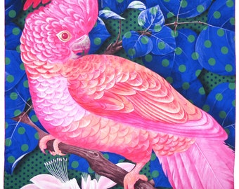 Vierkante Zijden Sjaal (90cm) - Kaketoe Roze/Blauw/Groen
