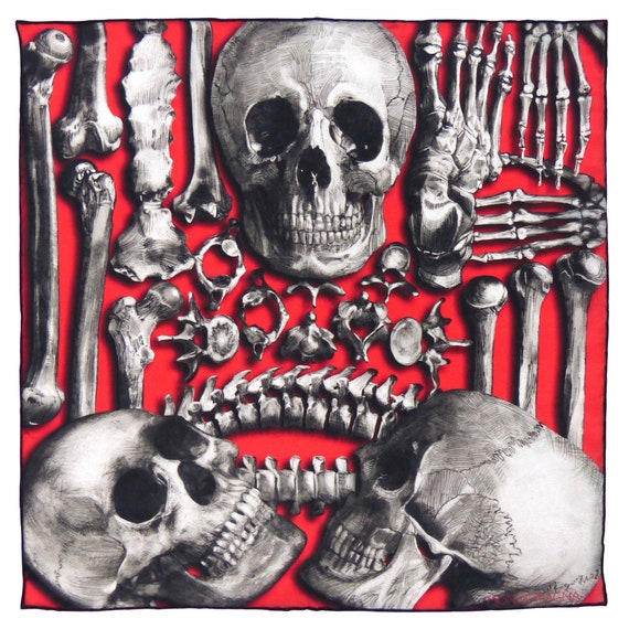 Silk Pocket Square - Bones Red Grey