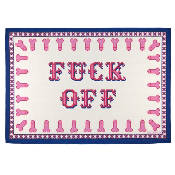 Cotton Tea Towel - Fuck Off Cross-stitch Red Blue