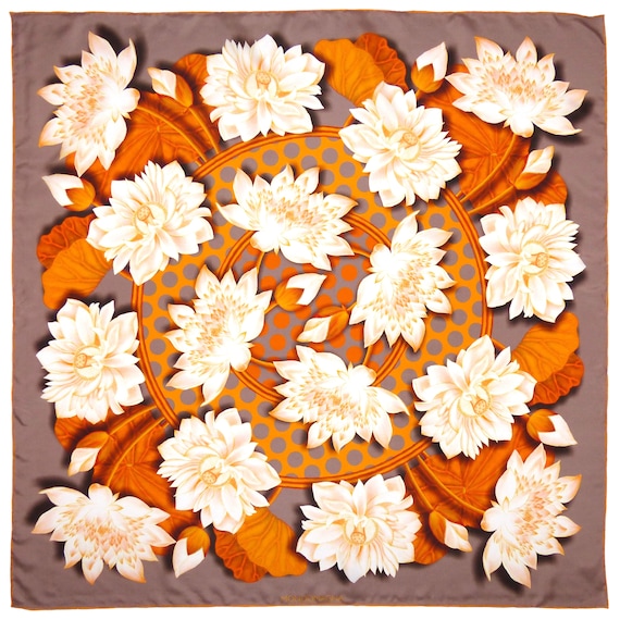 Square Silk Scarf (90cm) - Lotus Flower Orange/Grey/White