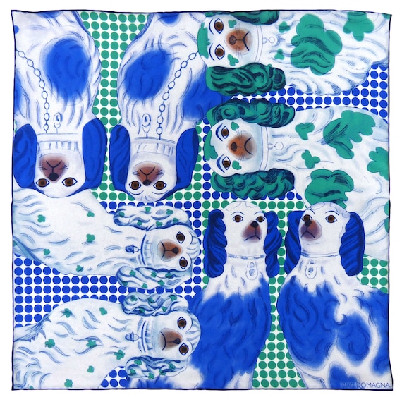 Silk Pocket Square - Dogs Green/Blue
