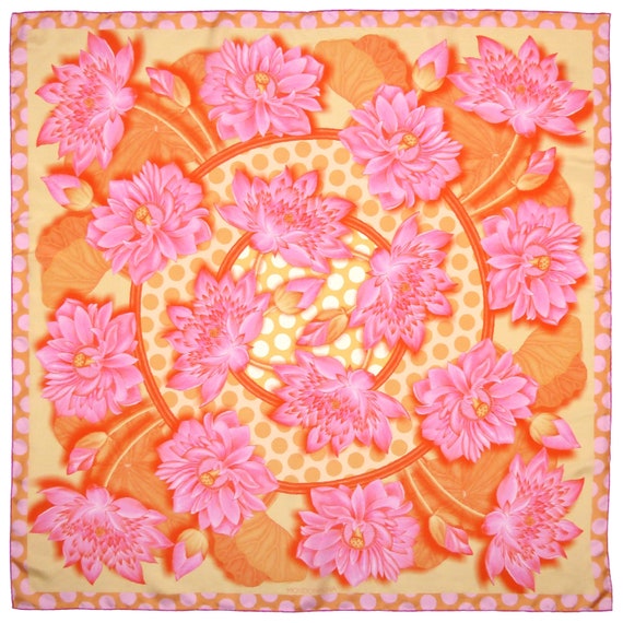 Square Silk Scarf (90cm) - Lotus Flower Pink/Orange/Yellow
