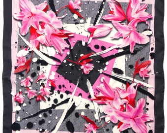 Vierkante zijden sjaal (90 cm) - Lelies roze en zwart