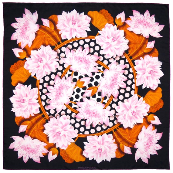 Square Silk Scarf (90cm) - Lotus Flower Black/Pink/Gold