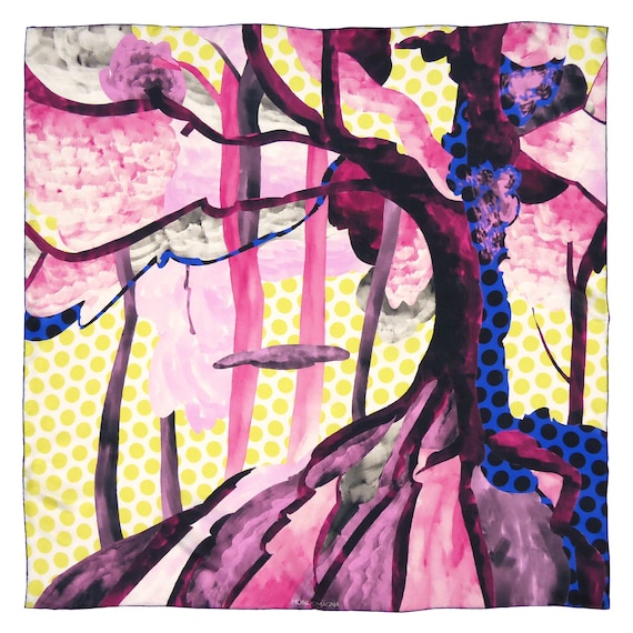 Square Silk Scarf (90cm) - Forest Yellow/Pink