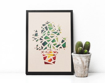Kaktus-Papierschnittkunst, Kaktus-Wandkunst, tropische Kunst, Kaktuskunst, Kaktus, Kaktuspapier, geometrisch, Dreieck, 3D-Papierschnitt, Papierkunst