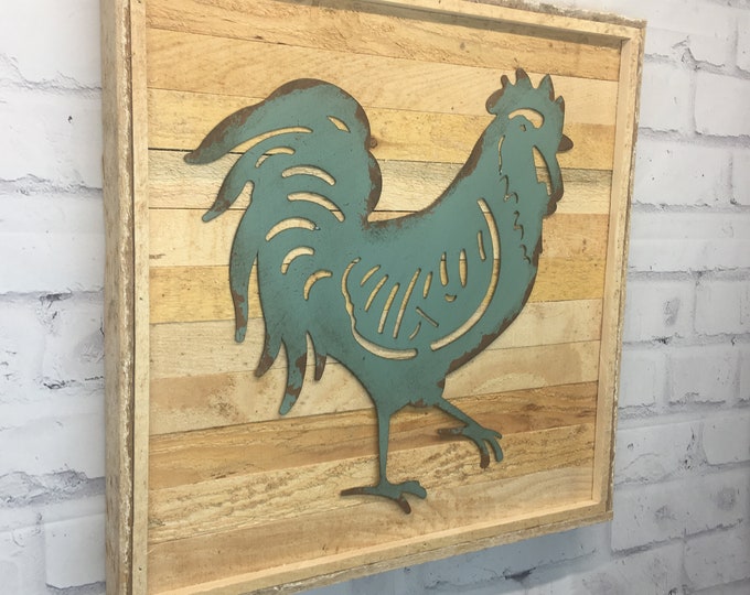 Rustic Turquoise Metal Rooster Wood Wall Decor Etsy