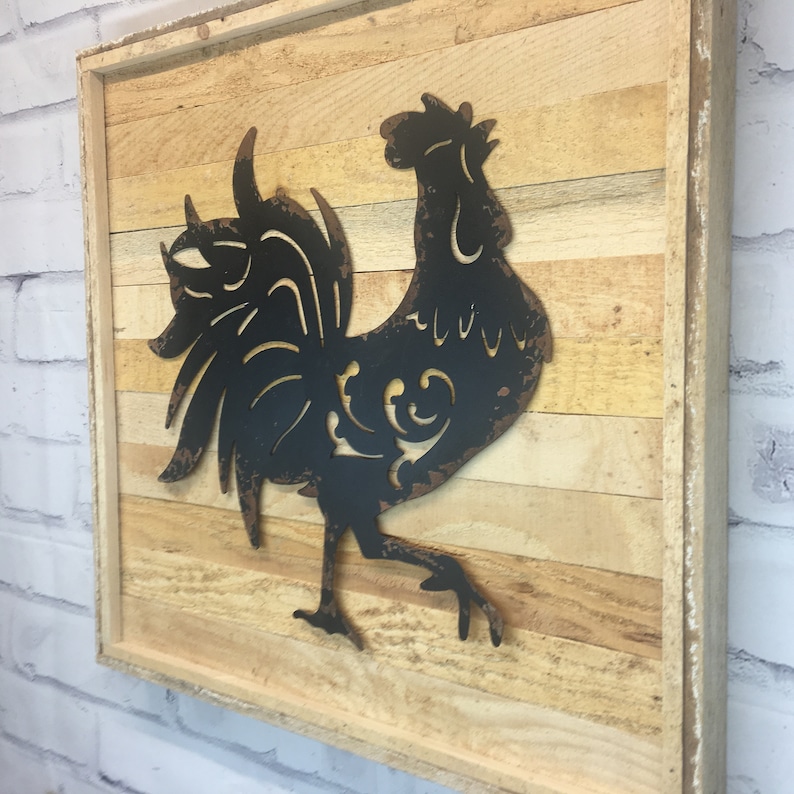 Rustic Black Metal Rooster Wood Wall Decor Etsy