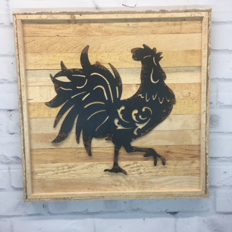 Rustic Black Metal Rooster Wood Wall Decor Etsy