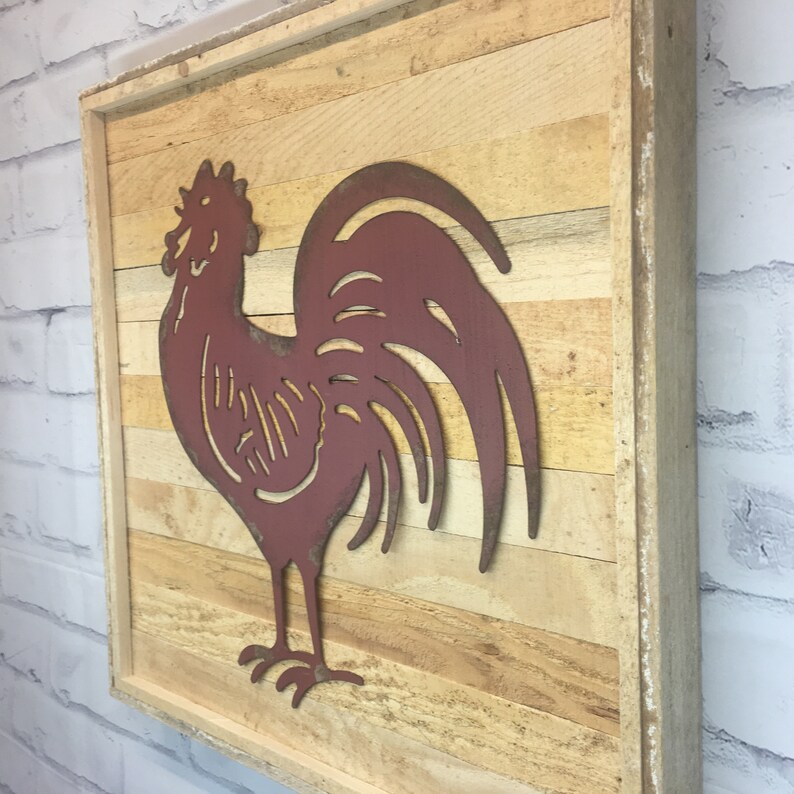 Rustic Red Metal Rooster Wood Wall Decor Etsy