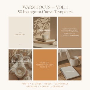 Faceless Instagram Canva Templates for Coaches | 50 Aesthetic Minimalist Posts Stories Reels | Wellness Solopreneur Branding Kit | WarmFocus