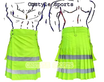 Scottish Active Men Fluorescent Utility Kilt – Active Sports Scottish Hybrid with High-Vis Tartan & Cargo Pockets