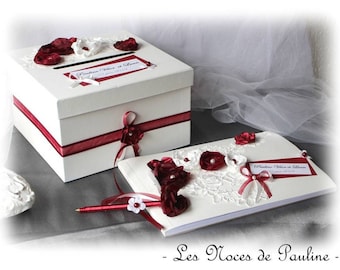 Burgundy and Ivory Wedding Guest Book Urn Set Flowers and Lace Piggy Bank Personalized Wedding Gift Box