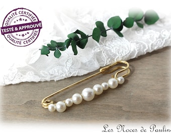 Attache traîne blanc et doré en perles pour mariage, broche pour robe de mariée, remonte traîne, accroche traîne, broche perles