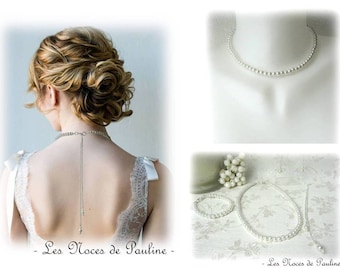 Wedding set ivory Pearls Virginia, back necklace, back jewelry, bridal jewelry adornment