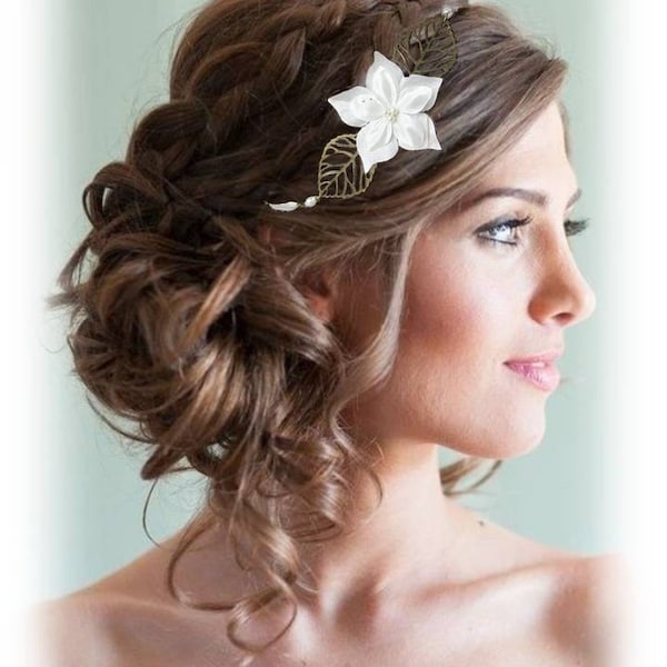 Headband mariage ivoire Satin Feuille Tina, accessoire coiffure ivoire, bijou de cheveux ivoire