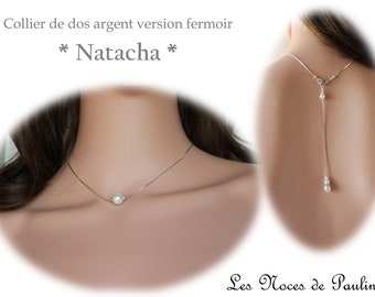 Collier mariage ivoire en perles et strass, Natacha et Bijou de dos, sautoir perle mariée FERMOIR