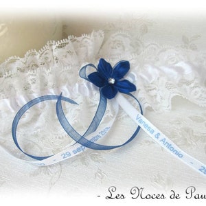 Jarretière blanc et bleu Roi, Dentelle Strass Mariage Personnalisée, jarretière sur mesure, accessoire mariage Fait main France, prénoms image 1