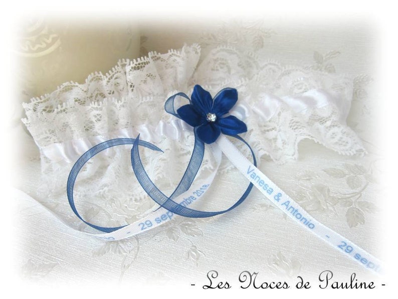 Jarretière blanc et bleu Roi, Dentelle Strass Mariage Personnalisée, jarretière sur mesure, accessoire mariage Fait main France, prénoms image 1