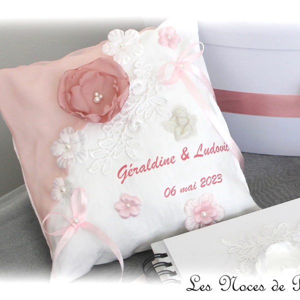 Coussin d'alliances rose et blanc Dentelle personnalisé, coussin mariage, porte alliances rose poudré