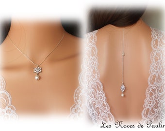 Jeanne silver rhinestone necklace and back jewel, white or ivory back jewel necklace, silver back necklace, wedding necklace
