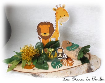 Centre de table Jungle Lion Girafe Baptême, anniversaire, thème animaux de la jungle, safari, zoo