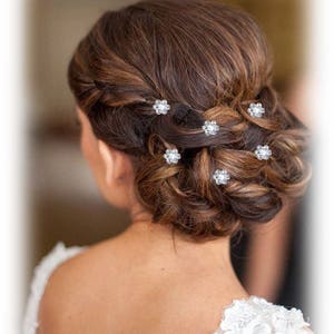 Bun pins white silver Rhinestone Flowers set of 3 wedding Hair Pins Rhinestone