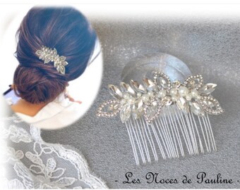 Peigne mariage avec perles et strass argent, Bijou de cheveux mariée motif floral, Broche cheveux strass DELICAT