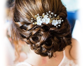 Pic à chignon de mariée avec fleurs et feuilles ivoire et doré, épingle de cheveux mariage, Charline