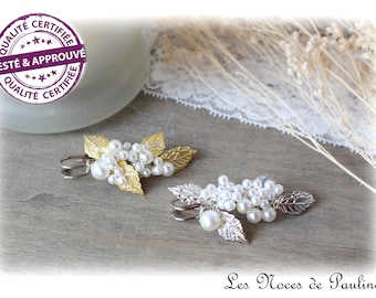 Attache traîne perles et feuilles, broche perles, accessoire mariage, robe de mariée, remonte traine, broche avec feuilles argents ou dorées