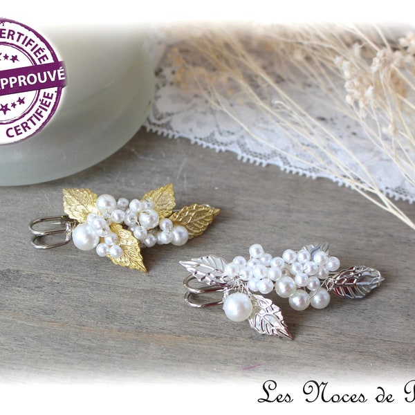 Attache traîne perles et feuilles, broche perles, accessoire mariage, robe de mariée, remonte traine, broche avec feuilles argents ou dorées