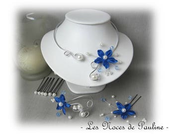 Parure mariage bleu et blanc à fleurs de satin Anaïs dix pièces, parure bijoux mariage bleu Roi, bijoux mariée bleu