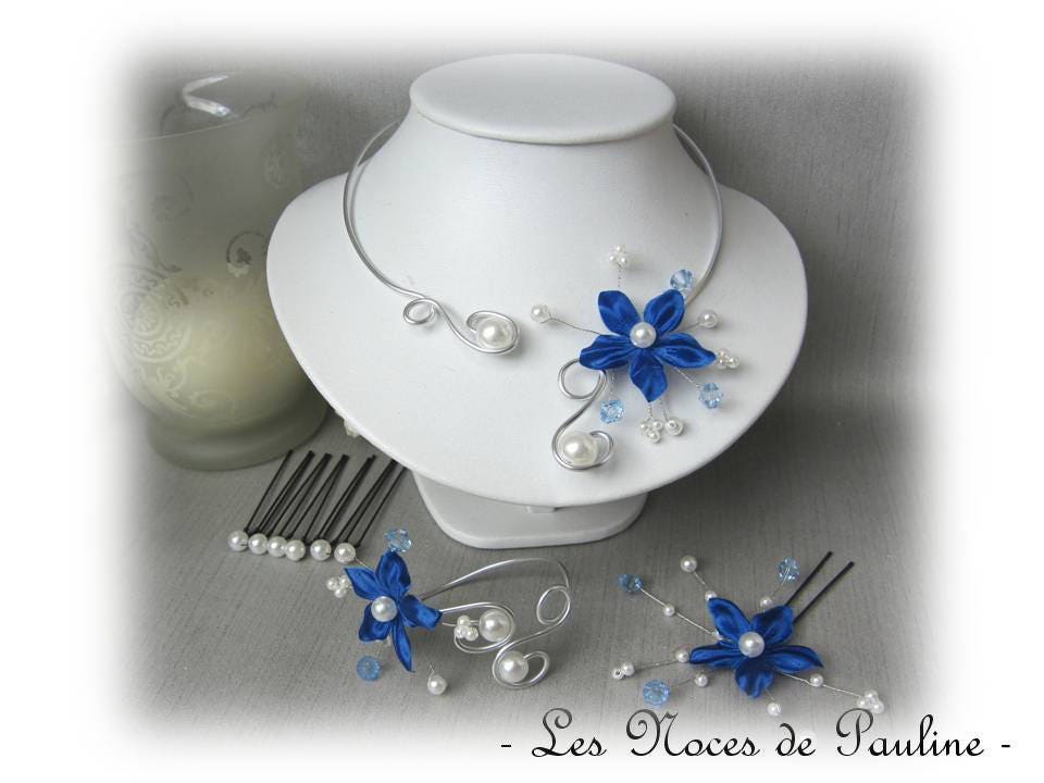 Parure Bracelet Et Collier Or 18k Perles Bleues Et Blanches - Occasion, Origine France