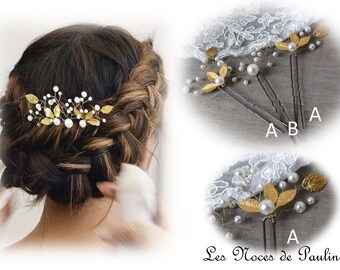 Flower wedding bun picks, gold and ivory wedding picks, wedding hairpin, Fiona