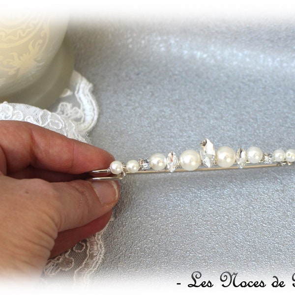 Ivory and rhinestone train attachment, pearl brooch, wedding accessory, wedding dress, train lifter, bridal brooch, zircon rhinestone crystal