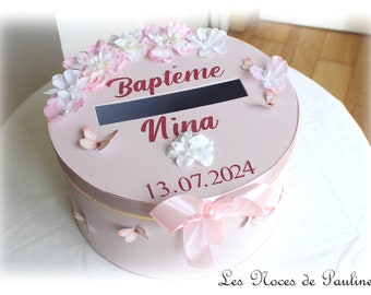 Urne de baptême rose à fleurs et papillons, urne Personnalisée, baptême fille