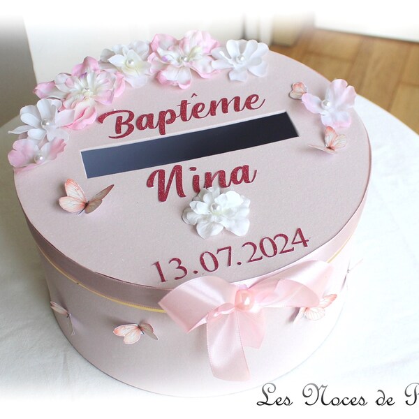 Urne de baptême rose à fleurs et papillons, urne Personnalisée, baptême fille