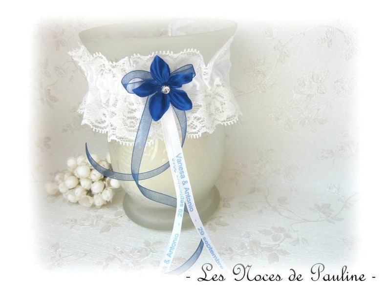 Jarretière blanc et bleu Roi, Dentelle Strass Mariage Personnalisée, jarretière sur mesure, accessoire mariage Fait main France, prénoms image 3