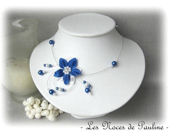 Royal blue and white wedding necklace with Eva silk flower, blue bridal necklace