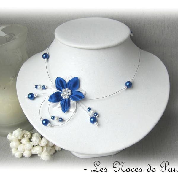Collier mariage bleu Roi et blanc à fleur de soie Eva, collier de mariée bleu