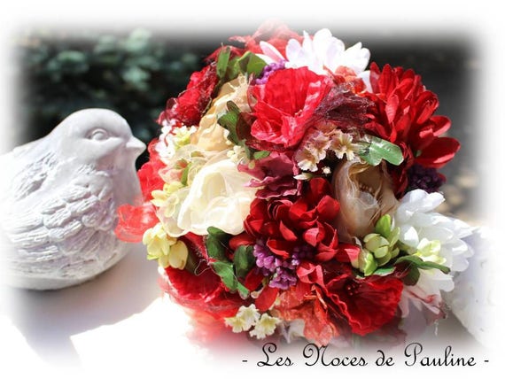 Bouquet De Mariée Rouge Nature Eternel Fleurs Tissus Fait Main Bouquet Fleurs Rouges Fleurs Tissus Fait Main Bouquet Mariage