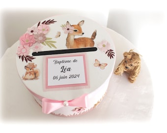 Urne de baptême rose biche, animaux de la forêt, urne Personnalisée, baptême fille