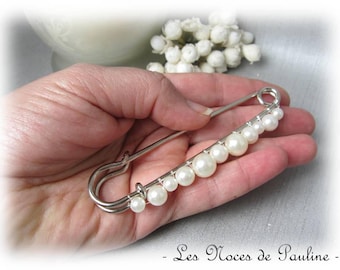 Ivory wedding pearl train attachment GM, brooch for wedding dress, train lifter, train hook, Extra long pearl brooch Large