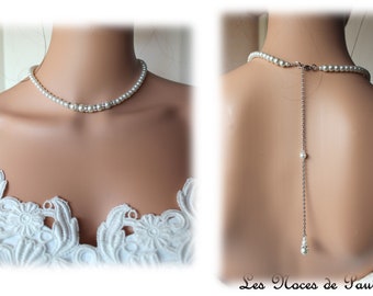 Collier de dos mariée ivoire Perles et strass Vicky, collier de dos, bijou de dos, collier mariage en perles