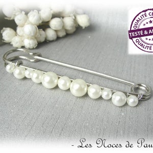 Attache traîne blanche perles mariage extra longue, broche pour robe de mariée, remonte traîne, accroche traîne, grande broche perles image 1