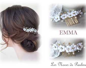 Peigne mariée blanc et doré EMMA, peigne cheveux mariage