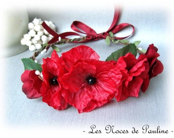 Red Flower Wedding Crown Fiona Poppy Hair Jewelry Bridesmaid Witness, Red Crown, Red Flower Crown