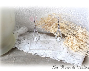 Boucles d'oreilles de mariée pendantes en strass et perles argent sterling 925 SOFIA