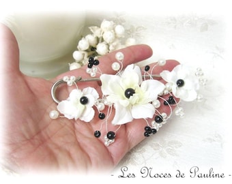 Attache traîne ivoire noir à fleurs et perles Églantine mariage GM broche perles Broche robe de mariée, remonte traîne, broche Extra longue